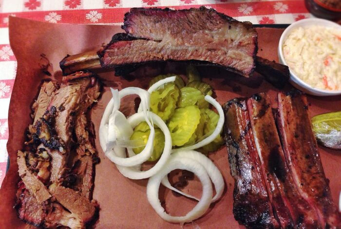 Barbecue plate with brisket, sausage and sides (stock photo, not Joe's Real BBQ)