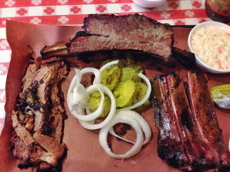 Barbecue plate with brisket, sausage and sides (stock photo, not Joe's Real BBQ)